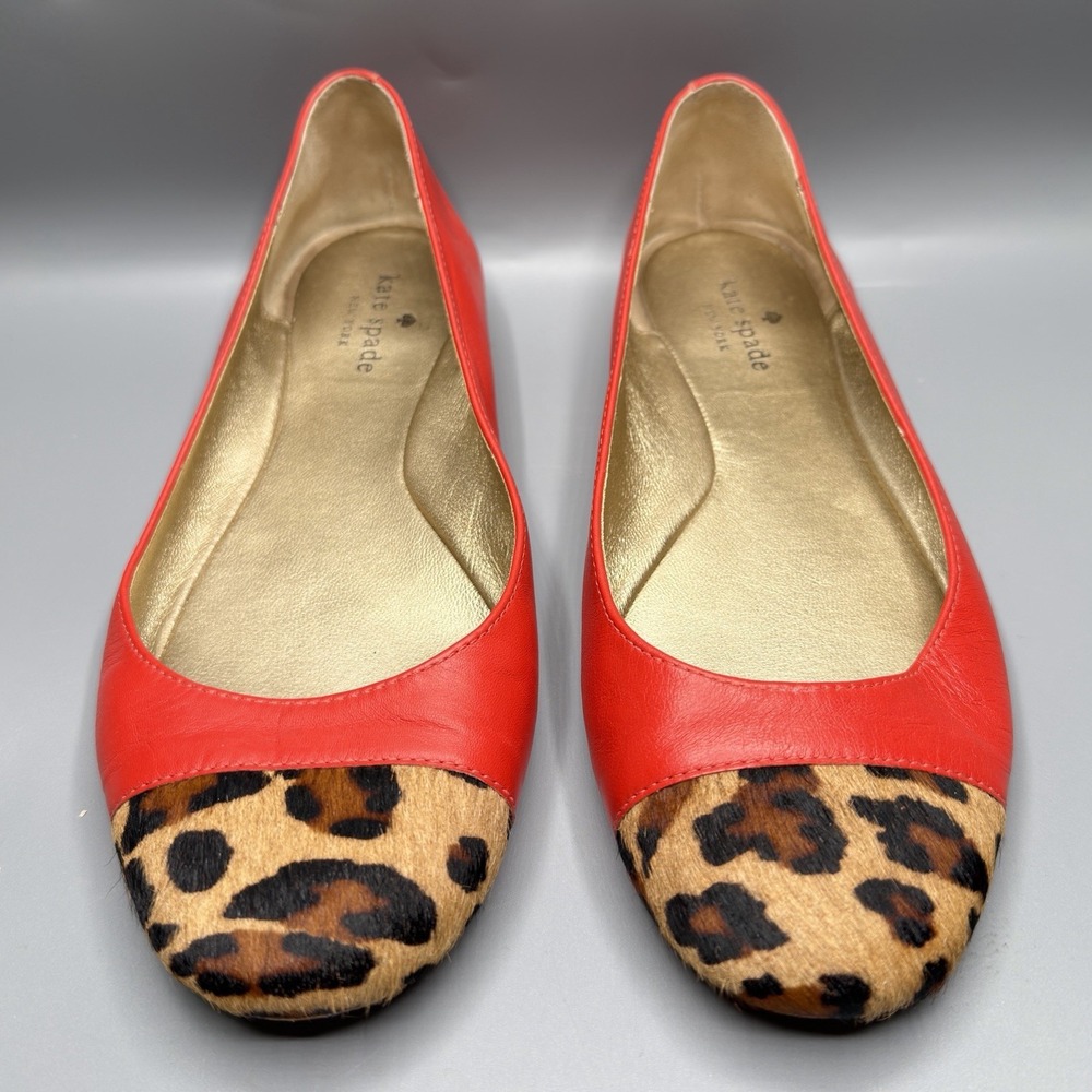 Kate Spade New York Coral Red Leather Cheetah Calf Hair Cap Toe Flats Womens 8.5
